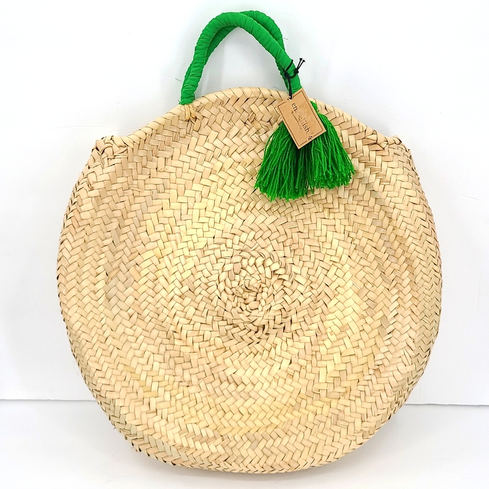 Embellish tan wicker woven Green wrapped handles tassles beach vacation bag